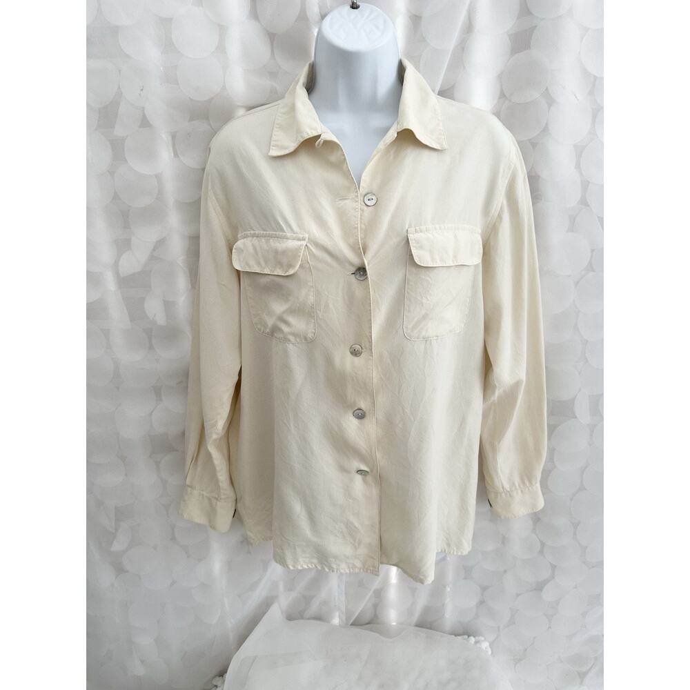 Silk land 100% Silk Ivory Long Sleeve Button Blouse Small Washable Career Casual